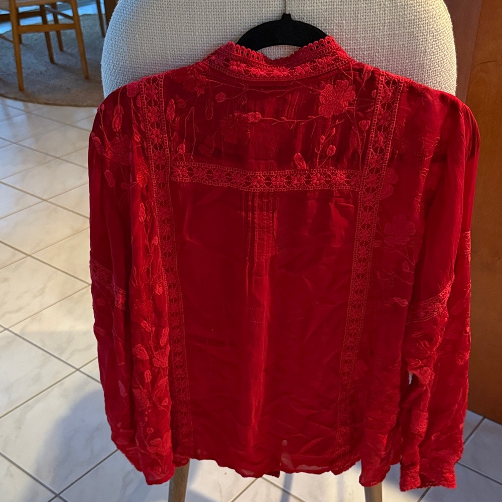 Johnny Was Red Embroidered Ruffle Front Blouse - Picture 5 of 11